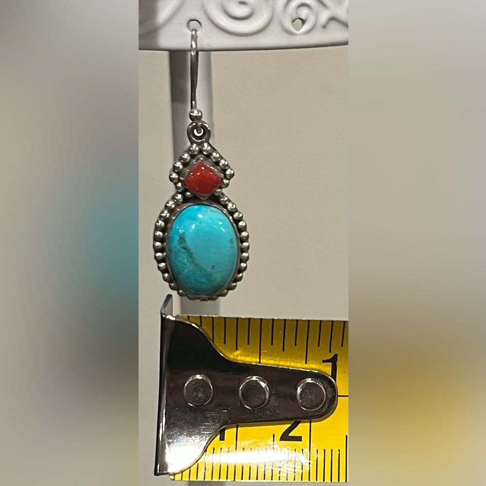 Sterling Silver Blue Mohave Turquoise Red Coral Earrings - Picture 6 of 7